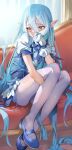  1girl blue_footwear blue_hair blush bombergirl couch gloves hair_between_eyes hesoten highres knees_up legs long_hair pantyhose pointy_ears puffy_sleeves sitting solo white_gloves white_pantyhose yellow_eyes 