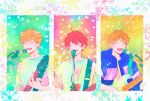  3boys bibibimix39 blonde_hair given guitar holding holding_instrument instrument kashima_hiiragi_(given) male_focus microphone microphone_stand multiple_boys music open_mouth redhead satou_mafuyu singing snowflake_background sweater white_sweater yoshida_yuki_(given) 