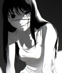  1girl black_hair chainsaw_man greyscale highres long_hair looking_at_viewer mitaka_asa monochrome ringed_eyes scar scar_on_cheek scar_on_face solo tank_top ten_ten_10_10 white_tank_top yoru_(chainsaw_man) 