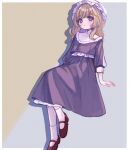  1girl blonde_hair closed_mouth commentary expressionless full_body hat invisible_chair long_hair long_sleeves looking_at_viewer maribel_hearn mary_janes mob_cap purple_shirt purple_skirt red_footwear shirt shoes sitting skirt socks solo symbol-only_commentary touhou violet_eyes white_socks yujup 