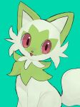 :d animal_focus commentary_request green_background highres no_humans open_mouth pokemon pokemon_(creature) red_eyes simple_background sitting smile solo sprigatito ukocome 