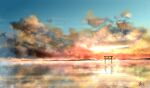  absurdres blue_sky chinese_commentary clouds commentary_request highres light_particles mountainous_horizon no_humans original outdoors reflection rune_xiao scenery signature sky still_life sunset torii 