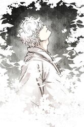  1boy adam&#039;s_apple aya_shiro423 dated gintama grey_background greyscale hair_over_eyes japanese_clothes kimono looking_up male_focus monochrome sakata_gintoki short_hair solo standing upper_body white_kimono 