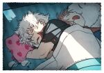  1boy 1girl aya_shiro423 crack_of_light dated dog eyewear_removed gintama indoors kagura_(gintama) lying on_back on_side pillow sakata_gintoki saliva scar scar_on_arm sleeping under_covers upper_body white_hair 