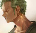 1boy closed_eyes commentary_request earrings green_hair green_theme highres japanese_clothes jewelry looking_to_the_side male_focus oekakiboya one_piece roronoa_zoro scar scar_across_eye short_hair simple_background solo spiky_hair 