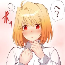  1girl ? ahoge arcueid_brunestud blonde_hair blush clenched_hands hands_up highres nachiku parted_lips red_eyes short_hair simple_background single_hair_intake solo speech_bubble sweat sweater tareme translation_request tsukihime white_sweater 