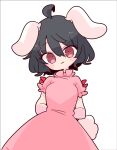  1girl :3 animal_ears arms_behind_back barefoot black_hair carrot_necklace dress floppy_ears frilled_dress frilled_sleeves frills highres inaba_tewi jewelry necklace op_na_yarou pendant pink_dress puffy_short_sleeves puffy_sleeves rabbit_ears rabbit_girl rabbit_tail red_eyes ribbon-trimmed_dress short_hair short_sleeves simple_background tail touhou white_background 