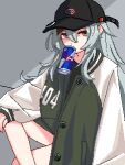  1girl baseball_cap black_headwear can figure_four_sitting g11_(girls&#039;_frontline) girls_frontline green_jacket grey_background grey_hair hat jacket long_hair long_sleeves messy_hair mouth_hold pixel_art red_bull simple_background sitting solo yiricannon 