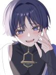  1boy absurdres blue_hair blush dark_blue_hair genshin_impact gs_hogehoge hair_between_eyes highres japanese_clothes male_focus mandarin_collar open_clothes open_mouth scaramouche_(genshin_impact) shirt short_hair smile solo violet_eyes wanderer_(genshin_impact) 