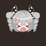  &gt;_&lt; 1girl anger_vein angry black_bow bow bronya_zaychik bronya_zaychik_(wolf&#039;s_dawn) brown_background closed_eyes closed_mouth grey_hair hair_bow head_only honkai_(series) honkai_impact_3rd mumukum open_mouth outline polka_dot polka_dot_bow simple_background solo v-shaped_eyebrows white_outline 