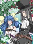 1girl 1other ascot black_hair blue_flower blue_hair dizzy_(guilty_gear) flower guilty_gear guilty_gear_strive guilty_gear_xrd hair_ribbon hair_rings hat highres monster_girl pink_flower red_eyes red_flower ribbon rose ruiruilui1001 skull smile tesdizzy testament_(guilty_gear) top_hat white_ascot yellow_ribbon