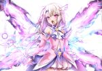  1girl absurdres angry bright_pupils cowboy_shot detached_sleeves dress ebora energy_wings fate/kaleid_liner_prisma_illya fate_(series) feather_hair_ornament feathers flat_chest furrowed_brow glowing glowing_weapon glowing_wings hair_ornament high_collar highres holding holding_wand illyasviel_von_einzbern kaleidostick layered_dress loli long_hair looking_to_the_side magical_girl open_mouth parted_bangs pink_dress pink_sleeves pink_wings prisma_illya red_eyes short_dress solo standing wand weapon white_background white_hair white_pupils wide_shot wings zettai_ryouiki 