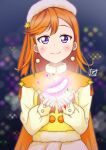  1girl birthday blush cape commentary earrings glowing_feather hat highres jewelry long_hair looking_at_viewer love_live! love_live!_superstar!! orange_hair shibuya_kanon signature smile solo starlight_prologue swept_bangs upper_body violet_eyes zero-theme 