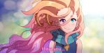  1girl artist_name blonde_hair blue_eyes blush braid english_text green_scarf hair_ornament heterochromia highres league_of_legends long_hair multicolored_background odeko_yma pink_hair scarf smile solo starry_sky_print striped striped_scarf upper_body violet_eyes watermark zoe_(league_of_legends) 