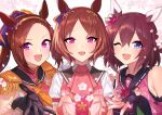  3girls :d ;d animal_ears ascot bad_link bare_shoulders blue_eyes blush brown_hair character_request chorefuji commentary_request detached_sleeves epaulettes fingerless_gloves flower gloves hair_ornament hand_up happy horse_ears long_hair looking_at_viewer multiple_girls one_eye_closed open_mouth pink_ascot ponytail sailor_collar shirt short_sleeves smile umamusume upper_body violet_eyes white_flower white_shirt 