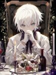  absurdres androgynous blush bottle candle chair crossed_bangs cup drinking_glass flower food fruit gloves grapes grey_eyes hair_between_eyes highres leaf light_blush long_sleeves looking_at_viewer namiki_itsuki neck_ribbon on_chair original own_hands_together pale_skin plate red_flower ribbon rose shirt short_hair sitting skull solo upper_body white_flower white_gloves white_hair white_shirt wine_glass 