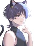  1boy absurdres animal_ears bell black_shirt cat_boy cat_ears cat_tail genshin_impact gs_hogehoge headband highres male_focus one_eye_closed open_mouth pointing pointing_at_self purple_hair scaramouche_(genshin_impact) shirt short_hair solo tail tongue tongue_out violet_eyes wanderer_(genshin_impact) white_background 