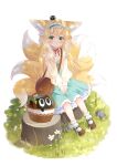  1girl animal_ear_fluff animal_ears ankle_socks aqua_hairband aqua_skirt arknights bag basket black_cat blonde_hair blush bobby_socks brown_bag brown_footwear cardigan cat chabashira_ribbon closed_mouth commentary crossover english_commentary fox_ears fox_girl fox_tail frilled_hairband frills full_body green_eyes hair_ornament hair_scrunchie hairband heixiu high-waist_skirt highres in_basket kitsune kyuubi long_hair long_sleeves looking_at_viewer luo_xiaohei luo_xiaohei_zhanji mary_janes mixed-language_commentary multicolored_hair multiple_tails neck_ribbon official_alternate_costume on_head open_cardigan open_clothes paid_reward_available puffy_long_sleeves puffy_sleeves red_ribbon ribbon round_bag scrunchie shirt shoes shoulder_bag simple_background sitting sitting_on_tree_stump skirt sleeve_cuffs socks solo suzuran_(arknights) suzuran_(spring_praise)_(arknights) tail transparent_background tree_stump two-tone_hair white_hair white_shirt white_socks yellow_cardigan 