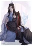  2boys bishounen black_hair black_robe blush book border brown_eyes chinese_clothes closed_eyes closed_mouth commentary english_commentary grey_background hair_between_eyes hair_ribbon hand_up hanfu headband high_ponytail highres holding holding_book hug lan_wangji long_hair long_sleeves looking_at_another male_focus modao_zushi multiple_boys open_book outside_border parted_bangs ponytail raineemeow red_ribbon ribbon robe round_window sidelocks sideways_glance signature simple_background sitting smile sparkle twitter_username wei_wuxian white_border white_headband white_robe wide_sleeves window xiao_guan_(headdress) 