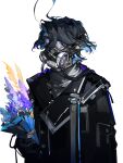  1boy absurdres ahoge arknights black_coat black_gloves blue_hair bouquet coat dongsheng earrings gloves goggles grey_sweater highres holding holding_bouquet jewelry looking_at_viewer lumen_(arknights) male_focus pointy_ears pouch respirator simple_background solo strap sweater upper_body white_background 