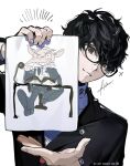  1boy amamiya_ren black-framed_eyewear black_eyes black_hair black_jacket btmr_game child&#039;s_drawing closed_mouth glasses grin hair_between_eyes highres holding igor_(persona) jacket long_sleeves looking_at_viewer male_focus persona persona_5 pointy_ears school_uniform shirt shuujin_academy_school_uniform signature simple_background smile solo sparkle upper_body white_background 