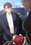  2boys absurdres black_car black_coat blush bouquet brown_hair car cityscape closed_eyes coat collared_shirt european_architecture falling_petals flower highres holding holding_bouquet ilay_riegrow jeong_taeui long_sleeves male_focus motor_vehicle multiple_boys o_ssion passion_(manhwa) petals photo_background red_flower red_rose rose shirt short_hair smile white_hair white_shirt 