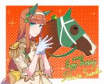  1girl 1other 2023 animal_ears birthday blunt_bangs border creature_and_personification ear_covers epaulettes from_side gloves green_eyes hairband happy_birthday highres hime_cut horse_ears horse_girl long_hair orange_hair real_life silence_suzuka_(racehorse) silence_suzuka_(umamusume) smile sugamo_(rainysnowy108) umamusume upper_body white_border white_gloves white_hairband 