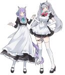  2girls absurdres alternate_costume alternate_hairstyle animal_ears apron black_dress black_footwear blunt_bangs blush bow bowtie dress enmaided frilled_apron frills full_body gold_ship_(umamusume) green_bow green_bowtie grey_hair hair_bun highres holding_hands horse_ears horse_girl long_hair looking_at_viewer maid maid_apron maid_headdress mary_janes mejiro_mcqueen_(umamusume) multiple_girls puffy_short_sleeves puffy_sleeves purple_hair red_bow red_bowtie red_eyes shoes short_sleeves simple_background smile swept_bangs thigh-highs twintails umamusume unneul violet_eyes waist_apron white_apron white_background white_thighhighs 