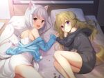  2girls animal_ear_fluff animal_ears azuki_yui bare_shoulders bed black_hoodie blonde_hair cat_ears cat_girl cat_tail dog_ears dog_girl dog_tail fang flower hair_between_eyes holding_hands hood hoodie long_hair multiple_girls open_mouth original petals pillow pink_eyes pom_pom_(clothes) purple_flower red_flower short_hair strap_slip tail violet_eyes white_chemise 