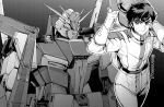  1boy belt chanmura greyscale gun gundam gundam_zz helmet holding holding_gun holding_weapon judau_ashta mecha mobile_suit monochrome pilot_suit robot science_fiction short_hair smile twitter_username v-fin v-shaped_eyebrows weapon zz_gundam 