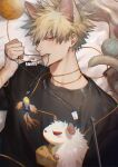  1boy animal_ear_fluff animal_ears artist_name bakugou_katsuki black_shirt blonde_hair boku_no_hero_academia cat cat_ears cat_teaser cheese clenched_teeth commentary_request earrings fang food hand_up jewelry lens_flare light_particles looking_at_viewer lying male_focus mouse mouth_hold multiple_earrings on_back parted_lips raineemeow red_eyes shirt solo spiky_hair teeth thai_commentary v-shaped_eyebrows yarn yarn_ball 