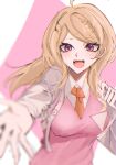  1girl :d ahoge akamatsu_kaede blush breasts brown_necktie collared_shirt danganronpa_(series) danganronpa_v3:_killing_harmony hair_ornament hashimoto_(coconuts1sland) highres large_breasts musical_note musical_note_hair_ornament necktie open_mouth outstretched_arm pink_background pink_eyes pink_vest shirt smile solo teeth upper_teeth_only vest white_background white_shirt 