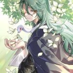  1boy animal_around_neck baizhu_(genshin_impact) black_robe blue_jacket changsheng_(genshin_impact) chinese_clothes closed_mouth falling_petals flower from_side genshin_impact glasses green_background green_hair hair_between_eyes highres holding holding_flower jacket jacket_on_shoulders kanai23831347 leaf long_hair long_sleeves looking_at_viewer looking_to_the_side male_focus petals robe smile snake solo white_flower white_snake wide_sleeves yellow_eyes 