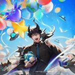  &gt;_&lt; 1boy :d ^_^ artist_name asymmetrical_horns balloon bird black_hair black_horns black_shirt blue_necktie blue_ribbon blue_sky blush breast_pocket closed_eyes clouds collared_shirt commentary day dress_shirt earth_(planet) english_commentary fangs gift glint hair_between_eyes hand_up heart highres holding holding_clothes holding_gift holding_jacket horns jacket jacket_removed long_sleeves male_focus necktie nijisanji nijisanji_en open_mouth outdoors planet pocket raineemeow ren_zotto ribbon shirt shirt_tucked_in short_hair sky smile star_(symbol) star_balloon teeth tongue twitter_username ufo virtual_youtuber watermark white_jacket wing_collar 