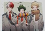  3boys artist_name backpack bag bakugou_katsuki blazer blonde_hair blush boku_no_hero_academia brown_scarf closed_eyes closed_mouth collared_shirt commentary_request expressionless freckles green_hair grey_background grey_jacket hair_between_eyes hands_up highres jacket lapels long_sleeves male_focus midoriya_izuku multicolored_clothes multicolored_hair multicolored_scarf multiple_boys necktie open_clothes open_jacket parted_lips raineemeow red_necktie redhead scarf school_uniform shirt shirt_tucked_in short_hair simple_background spiky_hair split-color_hair standing striped striped_scarf thai_commentary todoroki_shouto two-tone_background two-tone_hair u.a._school_uniform untucked_shirt v-shaped_eyebrows watermark white_background white_hair white_shirt wind wing_collar 