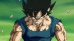 1boy absurdres angry black_eyes black_hair blue_shirt clenched_teeth commentary debris derivative_work dragon_ball dragon_ball_z english_commentary face_down green_background highres looking_down maddnessart male_focus muscular muscular_male parody screencap_redraw shintani_naohiro_(style) shirt solo son_goku spiky_hair style_parody teeth