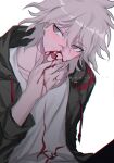  1boy blood blood_on_clothes blood_on_face boleum_(dgrpluna) cowboy_shot danganronpa_(series) danganronpa_2:_goodbye_despair green_jacket grey_eyes hand_up highres jacket komaeda_nagito long_sleeves looking_away male_focus medium_hair nosebleed open_mouth shirt simple_background sitting solo tongue tongue_out tsurime twitter_username white_background white_hair white_shirt 