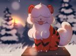  blurry blurry_background claws commentary fangs fangs_out hisuian_growlithe no_humans outdoors pokemon pokemon_(creature) sitting snow snowing solo tongue tongue_out tree twilight yajuuraku 
