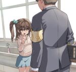  1boy 1girl :o blue_bow blue_skirt blush bow breasts brown_eyes brown_hair child commission female_child formal from_behind grey_suit groin_outline hair_between_eyes hair_bow hair_ornament high_side_ponytail highres holding holding_notebook hood hoodie index_finger_raised light_blush long_sleeves looking_up medium_hair notebook notice_lines open_mouth original pixiv_commission pointing pointing_at_self raised_eyebrows short_hair side_ponytail sink skirt small_breasts suit susu_(ysy) sweatdrop thighs white_hoodie yellow_armband 