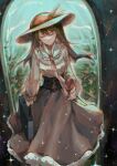  abstract_background brown_hair brown_skirt closed_eyes constellation cup door drinking_glass fors_wall hat highres holding holding_cup holding_suitcase long_hair lord_of_the_mysteries necktie shaded_face shirt skirt smile star_(sky) suitcase walking wind wine_glass yellow_shirt zhouliang48183 
