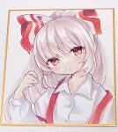  1girl bow closed_mouth collarbone collared_shirt commentary fujiwara_no_mokou grey_hair hair_bow highres long_hair long_sleeves looking_at_viewer moni_monico red_eyes shirt simple_background solo suspenders touhou upper_body 
