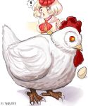  ! 1girl absurdres bird blonde_hair breasts chicken commentary dated egg english_commentary highres multicolored_hair niwatari_kutaka niwatari_kutaka_(chicken) open_mouth profitshame red_eyes redhead short_hair signature simple_background spoken_exclamation_mark touhou two-tone_hair white_background wings 