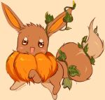  :d animal_focus blush_stickers brown_eyes commentary eevee full_body halloween happy looking_at_viewer no_humans open_mouth plant pokemon pokemon_(creature) pumpkin smile solo vines yajuuraku 