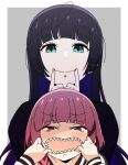  2girls @_@ absurdres black_hair black_shirt blush bocchi_the_rock! closed_mouth colored_inner_hair ear_piercing ears_visible_through_hair finger_in_own_mouth goumonsha green_eyes highres hiroi_kikuri jacket long_hair long_sleeves looking_at_viewer mouth_piercing multicolored_hair multiple_girls no_nose nose_blush open_mouth pa-san piercing sharp_teeth shirt sidelocks smile teeth upper_body violet_eyes 