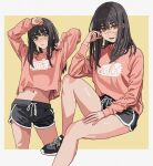  1girl black_hair chainsaw_man highres long_hair looking_at_viewer midriff_peek mitaka_asa navel scar shiren_(ourboy83) shoes shorts simple_background sitting sneakers war_devil_(chainsaw_man) 