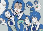  1boy armband ascot blue_ascot blue_hair blue_jacket chesed_(project_moon) closed_mouth collared_shirt commentary_request cup flying_sweatdrops grey_background grey_vest jacket lobotomy_corporation long_sleeves male_focus medu_(rubish) miniboy mug multiple_views open_clothes open_jacket open_mouth parted_bangs project_moon shaded_face shirt short_hair simple_background smile vest white_shirt yellow_eyes 