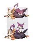  :3 animal_focus border brown_eyes cat creature dog green_eyes half-closed_eyes herdier highres lying nemo_(nm20000) no_humans on_stomach pawpads pokemon pokemon_(creature) purple_fur purrloin smug white_border 