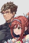 1boy 1girl aged_up bare_shoulders brown_hair chest_jewel core_crystal_(xenoblade) criss-cross_halter detached_sleeves driftingtiger facial_hair father_and_daughter glimmer_(xenoblade) halterneck height_difference high_ponytail highres japanese_clothes long_hair muscular muscular_male nervous_smile ponytail redhead rex_(xenoblade) scar scar_across_eye short_hair sideburns smile spiky_hair swept_bangs xenoblade_chronicles_(series) xenoblade_chronicles_2 xenoblade_chronicles_3 xenoblade_chronicles_3:_future_redeemed 