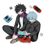  2boys ametaro_(ixxxzu) black_jacket black_pants black_shirt blue_eyes blue_hair boku_no_hero_academia cheek_piercing crossed_legs dabi_(boku_no_hero_academia) ear_piercing game_cartridge handheld_game_console jacket knees_up light_blue_hair male_focus multiple_boys multiple_piercings multiple_scars nintendo_ds nintendo_switch pants piercing red_eyes red_footwear scar scar_on_arm scar_on_face scar_on_hand scar_on_mouth scar_on_neck shigaraki_tomura shirt short_hair simple_background sitting spiky_hair staple stapled stitches white_background white_shirt wrinkled_skin 