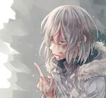  1boy accelerator_(toaru_majutsu_no_index) albino annoyed black_choker blood blood_on_clothes blood_on_face blood_on_hands choker electrodes from_side frown fur-trimmed_jacket fur_trim grey_background hand_up hood hood_down jacket medium_hair middle_finger official_alternate_costume open_mouth portrait red_eyes reimei_(1988) sanpaku solo sweat toaru_majutsu_no_index white_hair white_jacket 